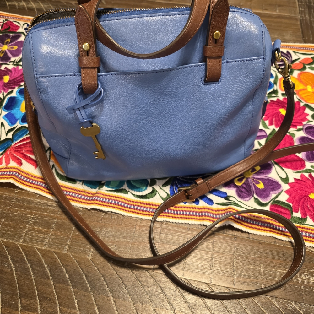 Fossil Blue Crossbody Bag with Brown Straps